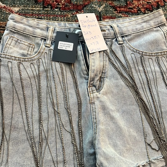 NWT Women’s denim jean shorts with rhinestone fringe, size medium - Picture 2 of 6